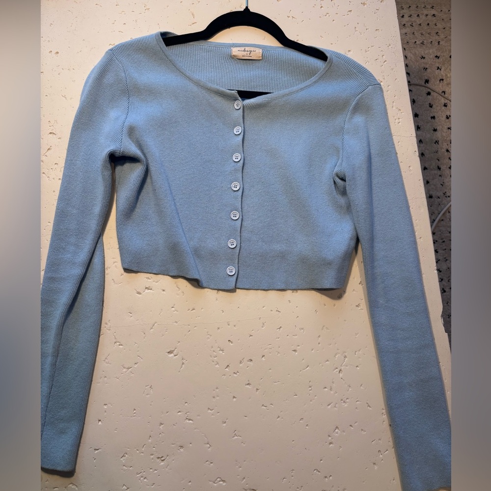 Audrey 3+1 Cropped Cardigan Small (Blue, White)